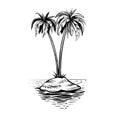 Isolated little island with palm tree, vector sketch. Royalty Free Stock Photo