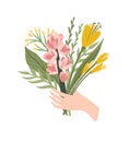 Isolated llustration bouquet of flowers in hand. Vector design concept for Valentines Day and other. Royalty Free Stock Photo