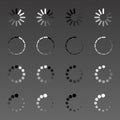 Isolated loading, preloader icon set of black, white and transparency on gradient grid background.