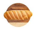 Isolated loaf of bread on wooden round cutting board on white background.