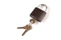 Isolated locked textural brown padlock with a bunch of three keys on a white background Royalty Free Stock Photo