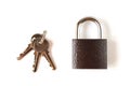 Isolated locked textural brown padlock with a bunch of three keys on a white background Royalty Free Stock Photo