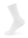 Isolated long white sock on invisible mannequin foot on white background, side view. Royalty Free Stock Photo