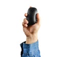 Isolated male hand in shirt holding computer mouse Royalty Free Stock Photo