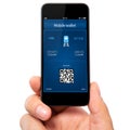 isolated man hand holding the phone with a mobile wallet and train ticket Royalty Free Stock Photo