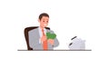 Isolated man office worker cartoon character counting money cash financial revenue at workplace