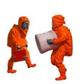 Isolated man in orange protective hazmat suit
