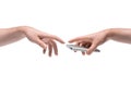 Two male hands passing one another a power bank on white background