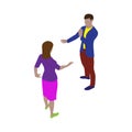 Isolated man and woman talk and gesticulate while standing. Scene of people in isometric view