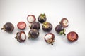 Isolated mangosteens. Plenty fruits isolated on white background Royalty Free Stock Photo