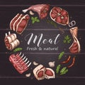 Isolated meat circle with different color meats in sketch style.