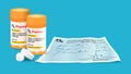 Isolated medicine drug with medical prescription simple flat style vector illustration in modern blue background