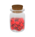 Isolated medicine frosted glass bottle with heart shaped love pills with cork cap on over a white background with reflection Royalty Free Stock Photo