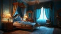 Isolated medieval English home indoor, moonlight through the window. Victorian night bedroom interior with vintage royal