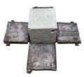 isolated metal mold with concrete cube for strength testing in construction laboratory