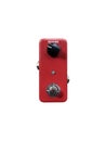 Isolated mini boutique red and black knob reverb stomp box electric guitar effect on white background.