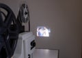 Isolated 8mm projector. Antique video technology. Old retro machine for films. Space for text