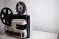 Isolated 8mm projector. Antique video technology. Old retro machine for films. Space for text
