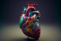 Isolated model of a human heart on dark gray background.