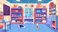 Isolated modern cartoon of a pet shop interior. Pet shop business selling toys and food to pet owners. Dog beds, shampoo Royalty Free Stock Photo