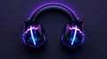 An isolated modern 3D DJ headset with neon lights and a black headset icon. A mockup of a portable wireless phone device Royalty Free Stock Photo