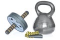 Isolated kettlebell, ab wheel and jumping rope on white background