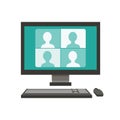 Isolated modern flat vector illustration of a computer. Teleconference via monitor