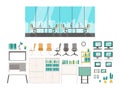 Isolated modern flat vector illustration of office equipments, interiors. Cabinet, desk, shelf, monitor, documents and potted