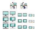 Isolated modern flat vector illustration of various office equipments. Teleconference via monitor, laptop, tablet , smart phone,
