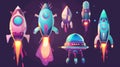 Isolated modern illustration set featuring alien spaceships, cartoon UFO saucers, animated rockets, funny cosmic