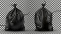 An isolated modern mockup of a black plastic trash bag for trash, garbage, and rubbish. Tied sack with refuse isolated Royalty Free Stock Photo