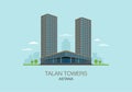 Isolated modern office towers design. Perspective view. Flat vector illustration of Talan Towers in Astana city.