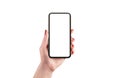 Isolated modern phone mockup in woman hand. Front position