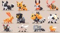 Isolated Modern set of animal robotics robots, cyborgs hare, beaver, boar and raccoon. Cartoon robotic characters Royalty Free Stock Photo