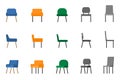 Isolated modern soft fabric office arm chair vector illustration icon set. Front, side view colored seat