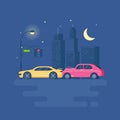 Isolated modern vector illustration of car accident on the background of the city.