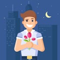 Isolated modern vector illustration of macho man holding flowers.