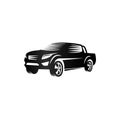 Isolated monochrome engraving style pickup trucks logo, cars logotype, black color automotive vehicle vector