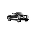 Isolated monochrome engraving style pickup trucks logo, cars logotype, black color automotive vehicle vector