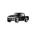 Isolated monochrome engraving style pickup trucks logo, cars logotype, black color automotive vehicle vector