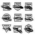 Isolated monochrome modern engraved train in frame logos set on white background vector illustration.