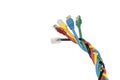 Isolated multi colored ethernet cables braided in spikelet, white background.