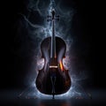 Isolated musical cello shocked by arcs of electric lightning bolts with custom string instrument design