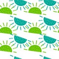 Isolated naive seamless pattern with blue and green childish sun print. White background. Baby ornament