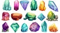 Isolated natural colorful gemstones, glass, jewelry or geology magic objects, game assets purple, red, green, yellow