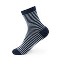 Isolated navy blue striped sock on invisible mannequin foot on white background, side view. Royalty Free Stock Photo