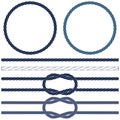 Isolated navy rope, marine knots, striped rope in blue and white