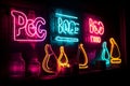 Isolated neon signs for things like \'Boba\', \'Tacos\', and \'Brunch\'.