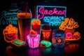 Isolated neon signs for things like \'Boba\', \'Tacos\', and \'Brunch\'.