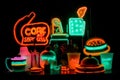 Isolated neon signs for things like \'Boba\', \'Tacos\', and \'Brunch\'.